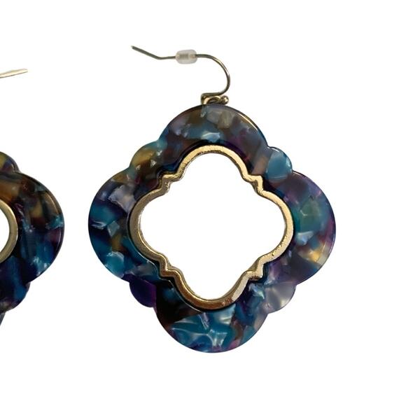 New Gold Blue Clover Earrings Statement Bold Dangle Resin Lucky - Picture 2 of 6